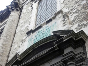 brussels church with writing